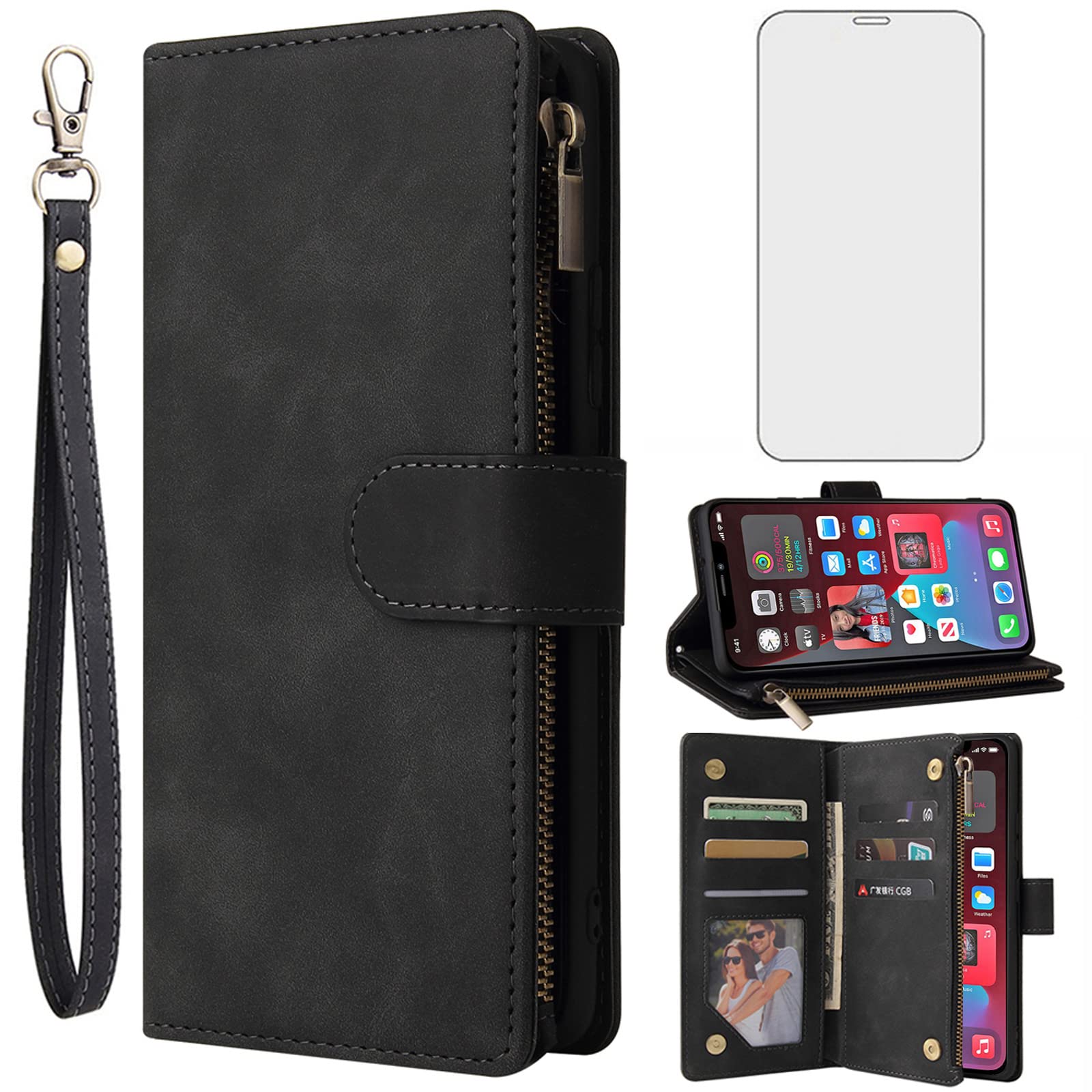 Asuwish Compatible with iPhone 11 Pro Max 6.5 Wallet Case Tempered Glass Screen Protector and Leather Flip Cover Card Holder Stand Cell Phone Cases for iPhone11 11pro Promax i XI Plus Women Men Black