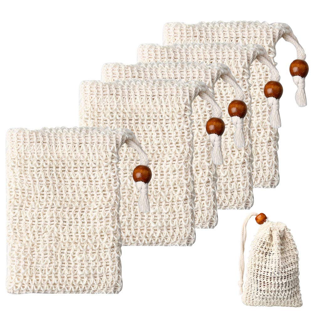 5 Pcs Sisal Soap Bag, Exfoliating Soap Bags Saver Pouch with Drawstring Mesh Soaps Bag for Shower Bath Travel