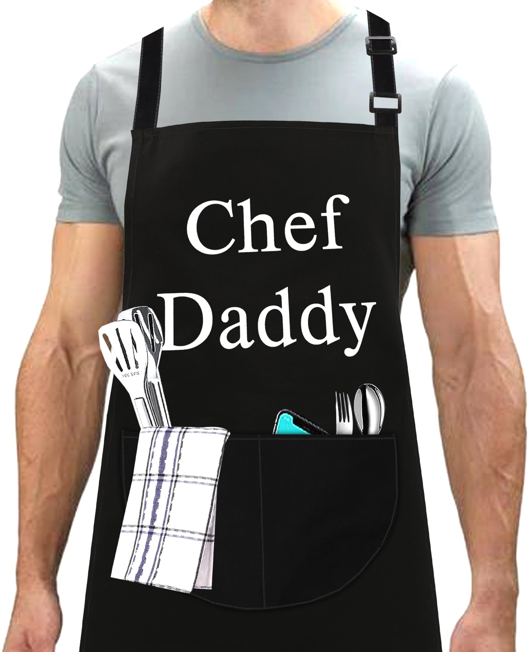 LINEN CLOSET® Chef Daddy Apron for Men Funny Aprons Professional Bbq Aprons Kitchen Cooking Gift Apron with 2 Front Pockets