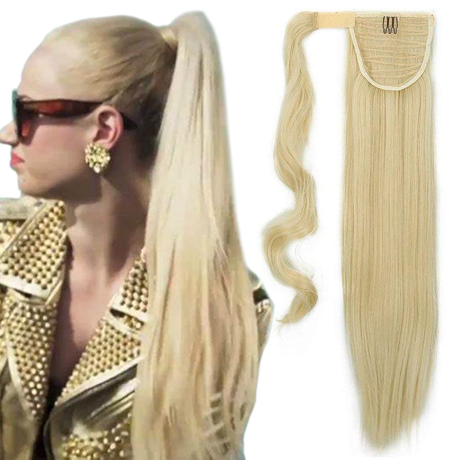 Women Ponytail Clip In Hair Extensions Straight Silky 23 Inch One Piece Wrap Around Hairpiece Long - Bleach Blonde(58CM-90G)