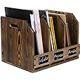 MyGift Rustic Burnt Brown Wood Office Desktop Document File Folder Binder Storage Organizer Rack with 3 Compartments and Chalkboard Labels