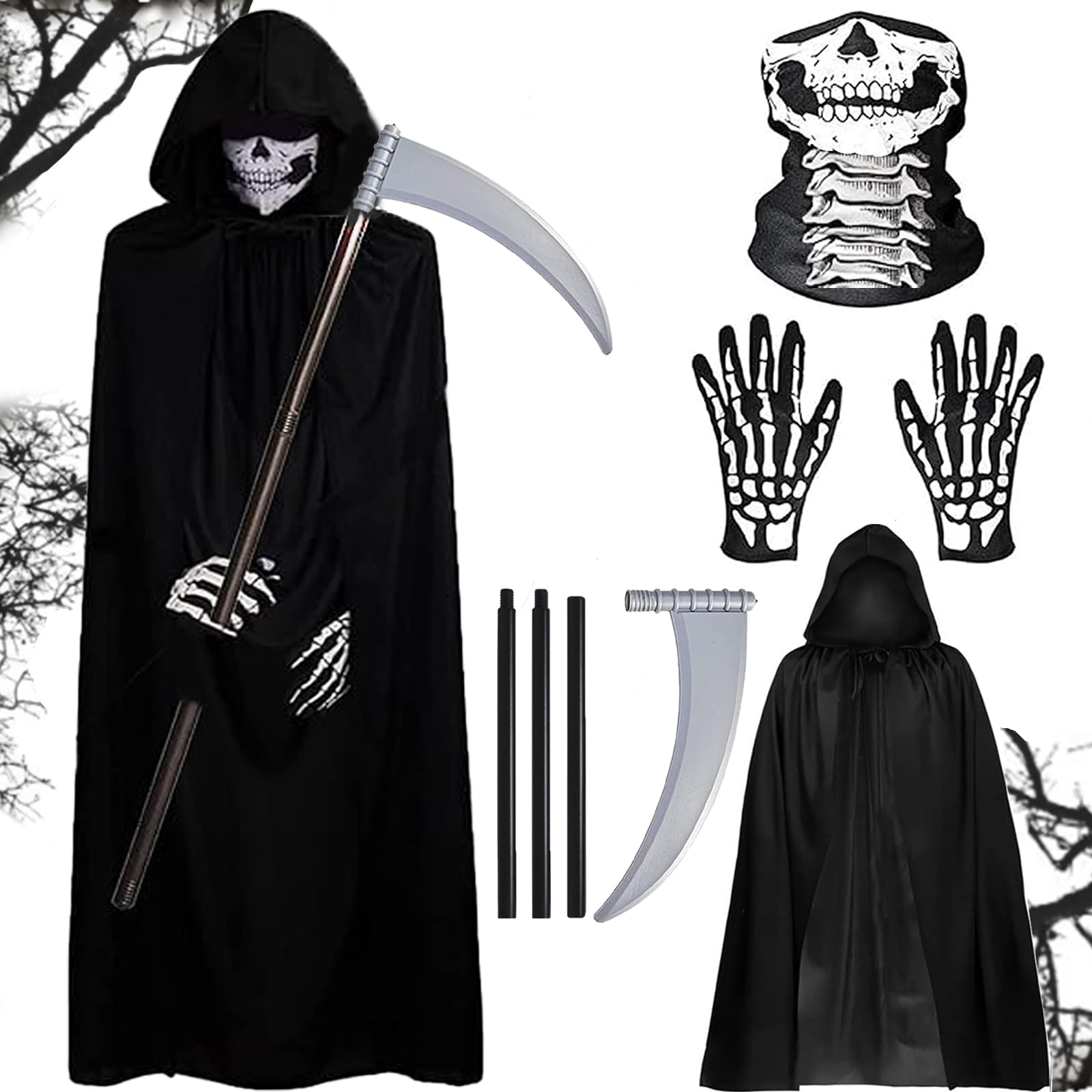 Grim Reaper Costume, Halloween Decorations, 4 Pcs Skeleton Halloween Costumes Adult Skull Mask Gloves Death Accessory and Black cloak, Halloween Costumes for Women Can Show a Grim and Scary Atmosphere