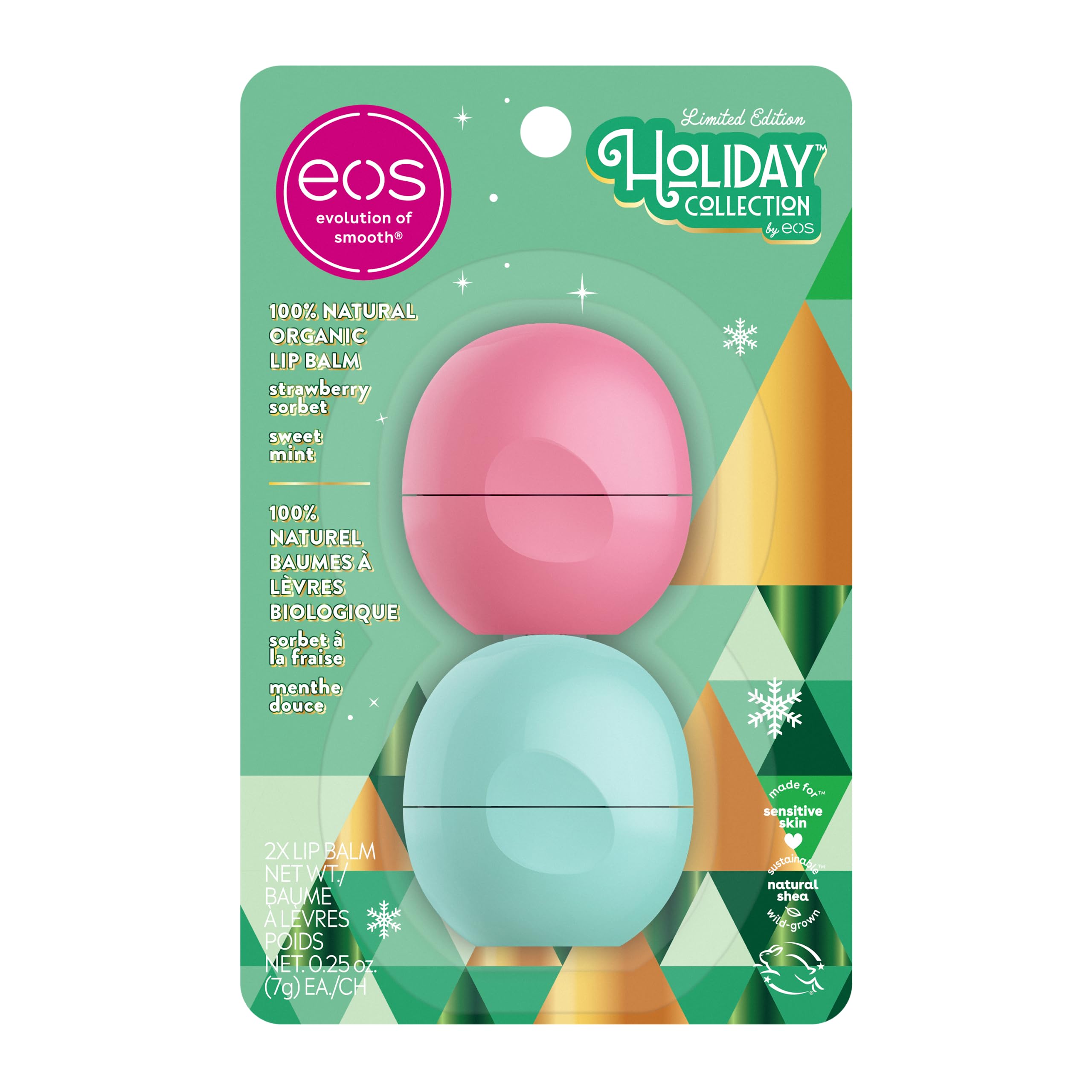 eos Holiday 100% Natural & USDA Organic Lip Balm Gift Set- Strawberry Sorbet & Sweet Mint, Stocking Stuffers, 0.25 oz, 2-Pack
