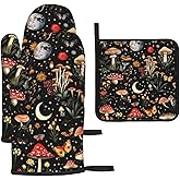 Cute Mushroom Oven Mitts and Pot Holders Sets of 3, Heat Resistant Black Hot Pads Oven Gloves with Hanging Loop for Cooking Grilling Baking, Boho Kitchen Decor, Witchy Gifts for Women Mushroom Lovers