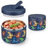 Pawtong 12oz Insulated Vacuum Food Jar with Buckle Lid Wide Mouth Soup Thermo for Hot Food Kids Leakproof Stainless Steel Lunch Container (Blue-Dinosaur)