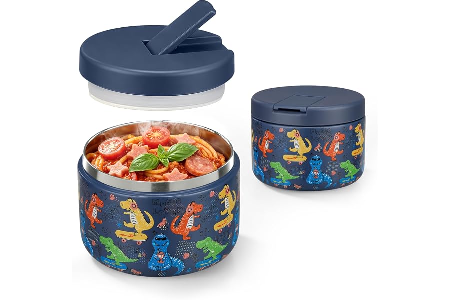 Pawtong 12oz Insulated Vacuum Food Jar with Buckle Lid Wide Mouth Soup Thermo for Hot Food Kids Leakproof Stainless Steel Lunch Container (Blue-Dinosaur)