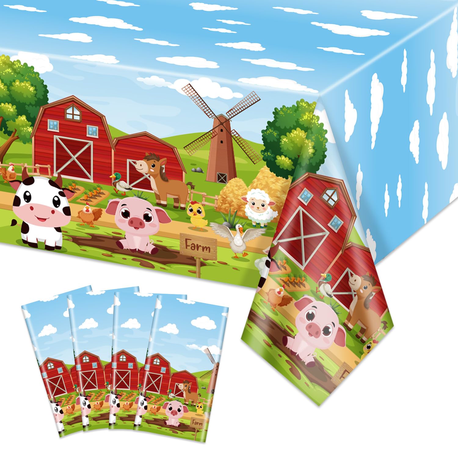 APUXXJUPA 4 Pcs Farm Animal Tablecloths, 130 x 220 cm Farmhouse Tablecloth Farm Animal Table Covers for Kids Picnic Farm Theme Birthday Decorations Baby Shower