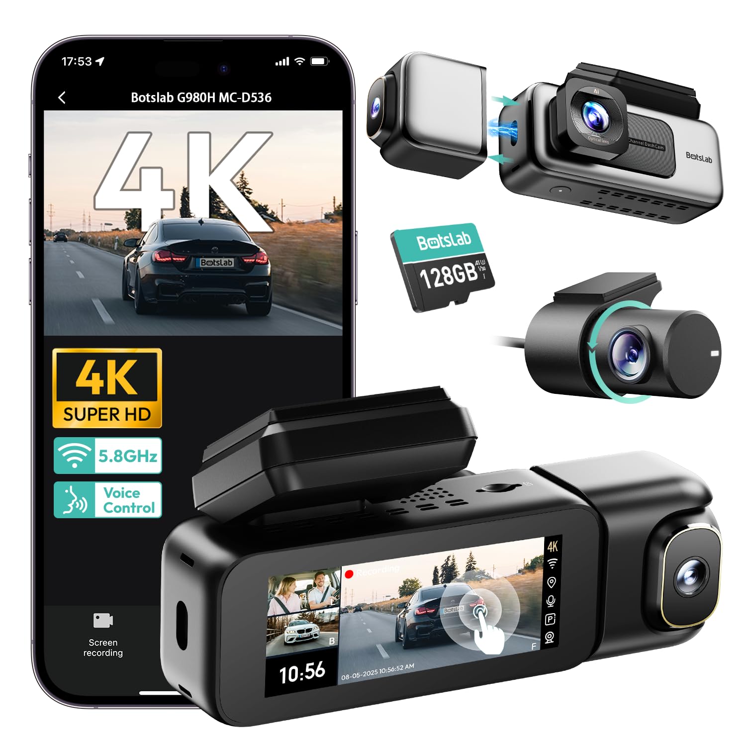 Photo 1 of BOTSLAB 3 Channel Dash Cam 4K with 128GB Card, 3.18" Touch Screen, Voice Control, 4K Dash Cam Front and Rear Inside Loop Recording, 5.8GHz WiFi, GPS, Night Vision, WDR, Parking Mode