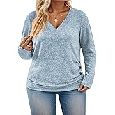 ROSRISS Plus-Size-Tops for Women Casual Long Sleeve Shirts Loose Fit V Neck Button Blouses Dressy Pullover Tunics XL-5XL