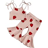 Mialoley Strawberry Outfit Baby Girl Summer Clothes Toddler Kid Bow Print Sleeveless Camisole Tank Top Flare Pant Sets 0-5T