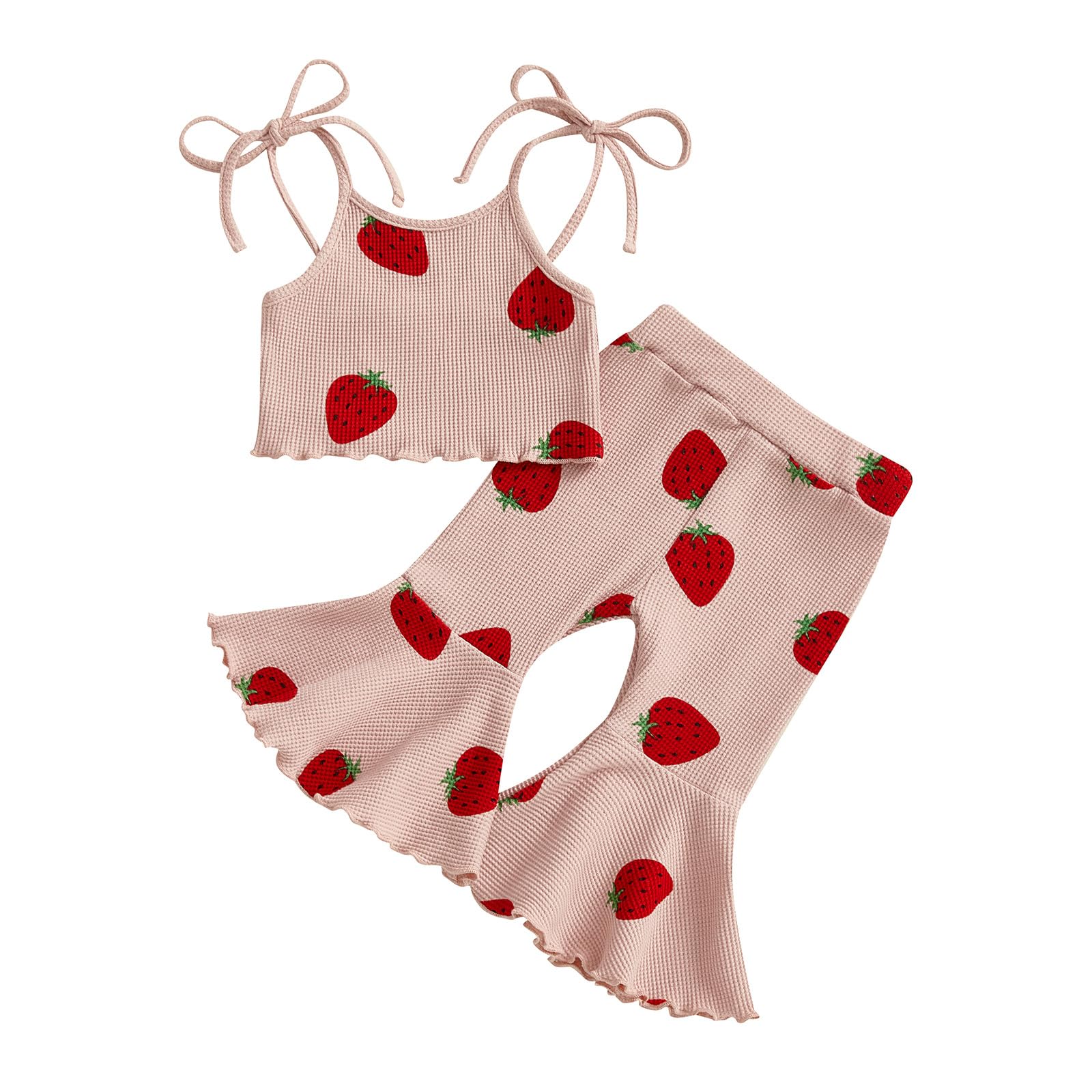 Photo 1 of Mialoley Strawberry Outfit Baby Girl Summer Clothes Toddler Kid Bow Print Sleeveless Camisole Tank Top Flare Pant Sets 0-5T (Strawberry, 6-12 Months)