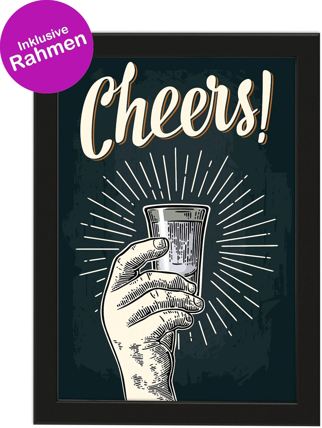 PICSonPAPER Poster DIN A4 Cheers, gerahmt mit schwarzem Bilderrahmen