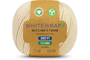 WHITEWRAP Premium Organic Butcher’s Twine | 1.2mm Natural Cotton, 200 Feet – Oven-Safe for Turkey Trussing, Meat Roasting & Baking | Strong & Versatile for Cooking, Crafts & Gift Wrapping
