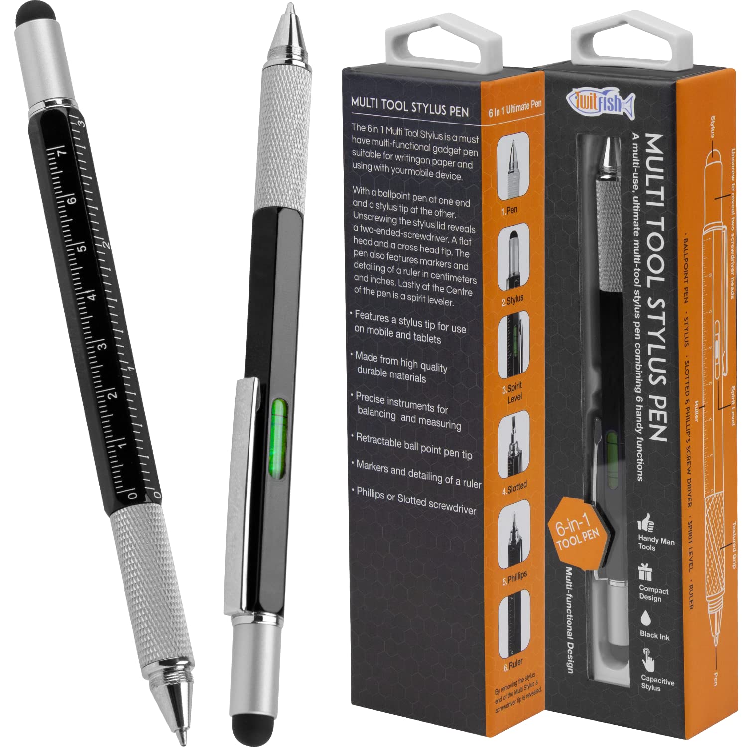 TwitFish Multi-Tool Pen – Novelty Gadget – Premium Metal All-in-One Multi-functional: Pen, Stylus, Ruler, Spirit Level, & Screwdrivers