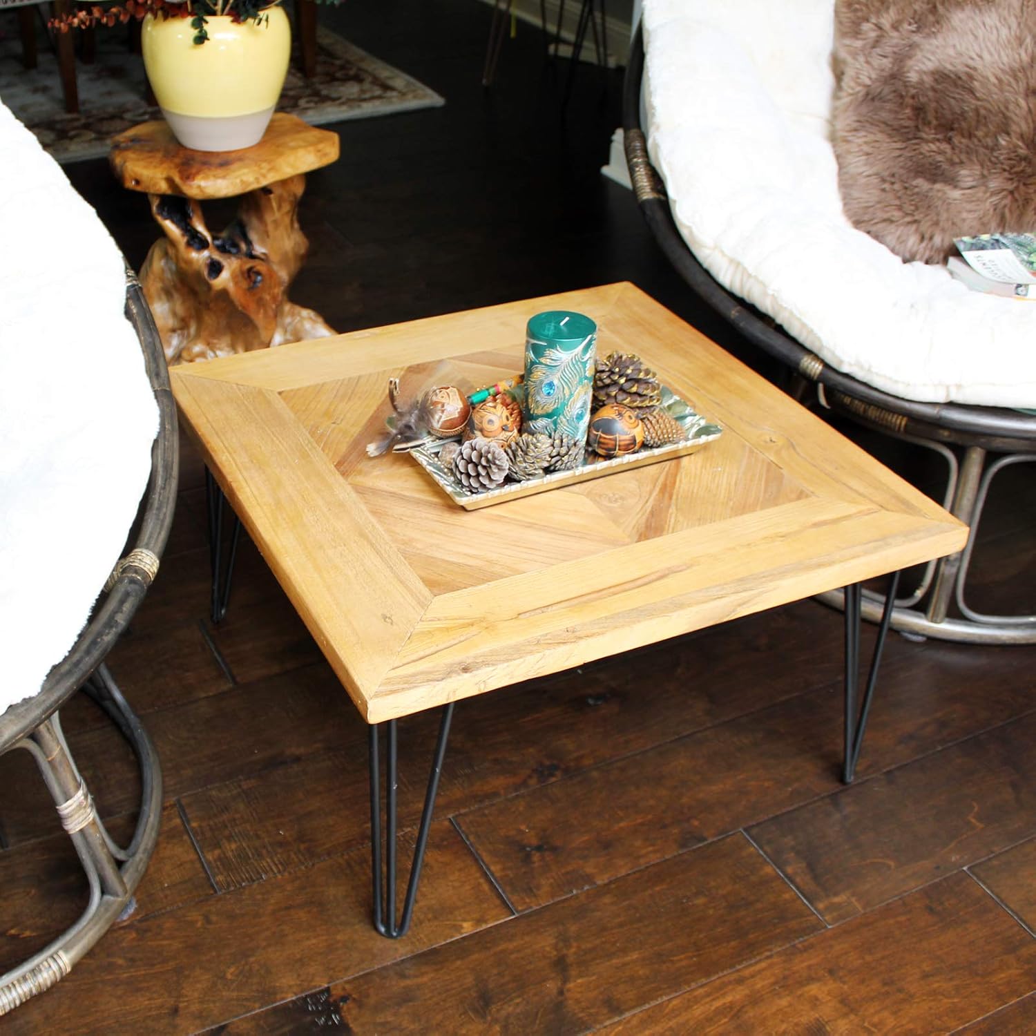 WELLAND Square Old Elm Coffee Table with Metal Stand,Diamond Shape Pattern: Kitchen & Dining