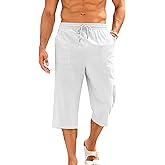 Gafeng Mens Cotton Linen Yoga Pants Elastic Drawstring Casual 3/4 Capri Shorts with Pockets