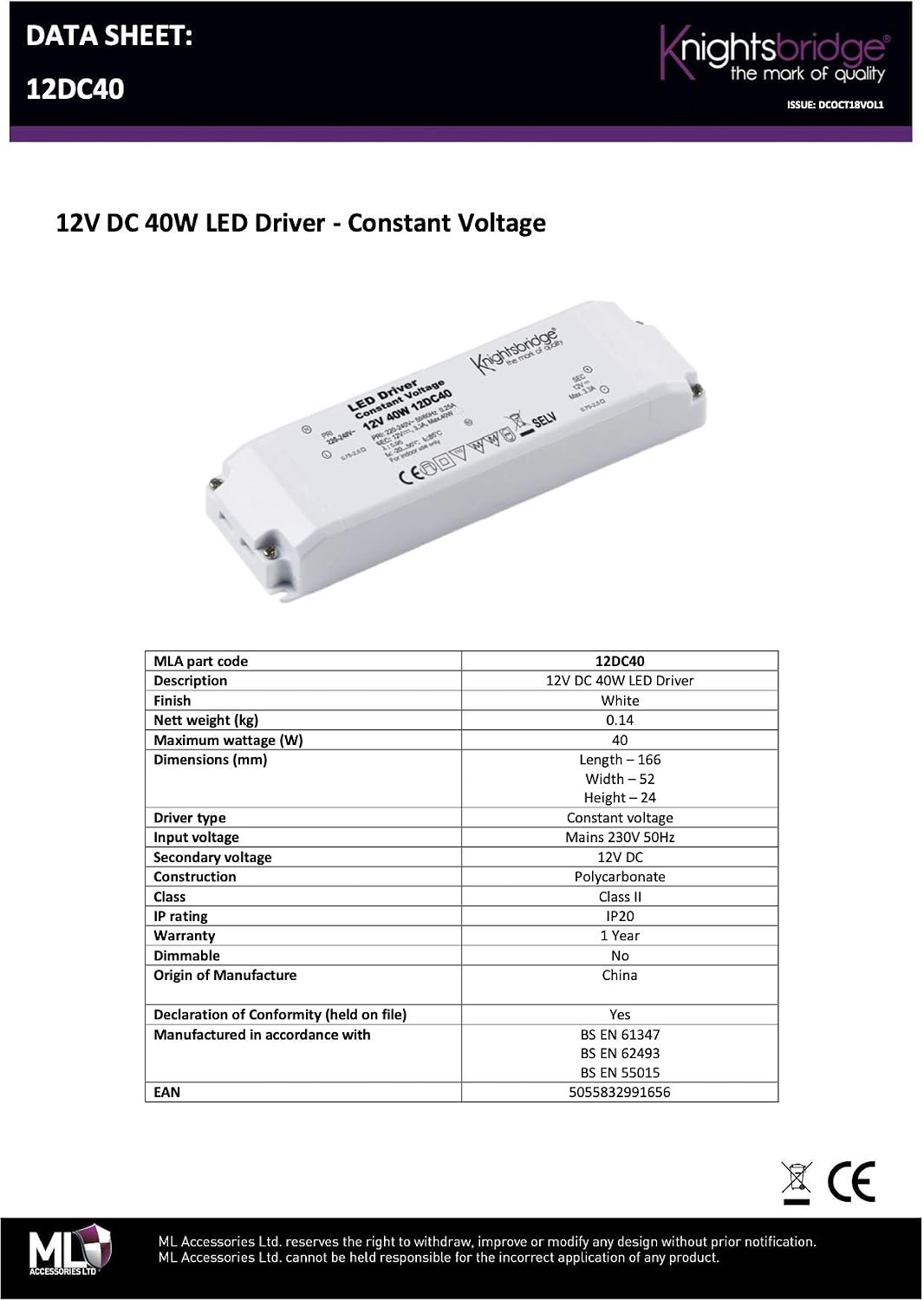 Knightsbridge 12DC40 LED Driver - Constant Voltage led non dimmable 12v 40w - Image 3
