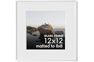 HAUS AND HUES 12x12 Picture Frame with Real Glass & White Premium-Grade Metal Matted to 8x8 - Aluminum 12x12 Frame - Includes Hanging Kit - Ideal for Home, Office (12x12 in, White)