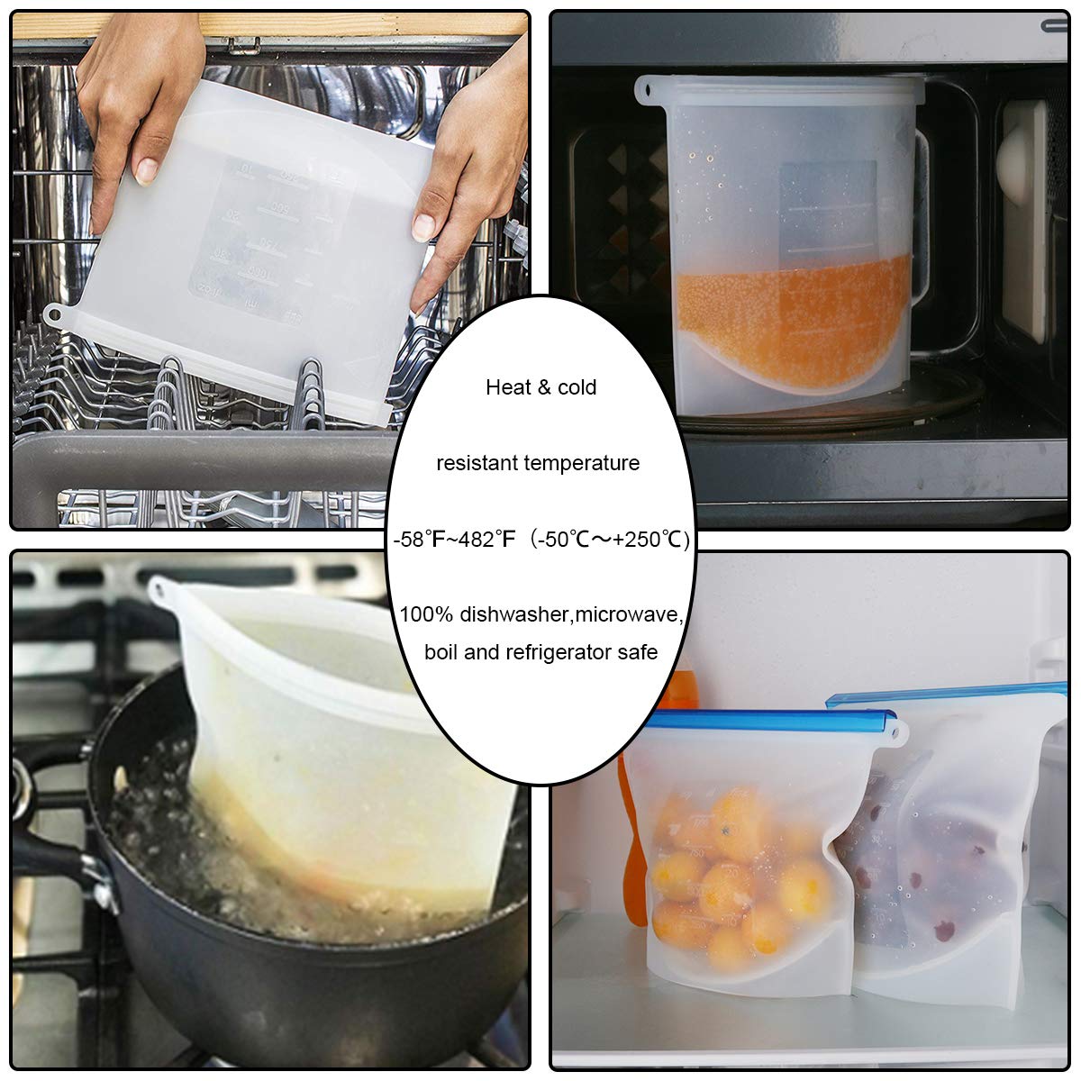 Reusable Silicone Food Storage Bags-Airtight Seal Ziplock Cooking Bags Food Saver Containers Keep Food Fresh-Storage Bags for Lunch,Snacks,Sandwich,Sous Vide and Freezer (50 Oz+30 Oz)