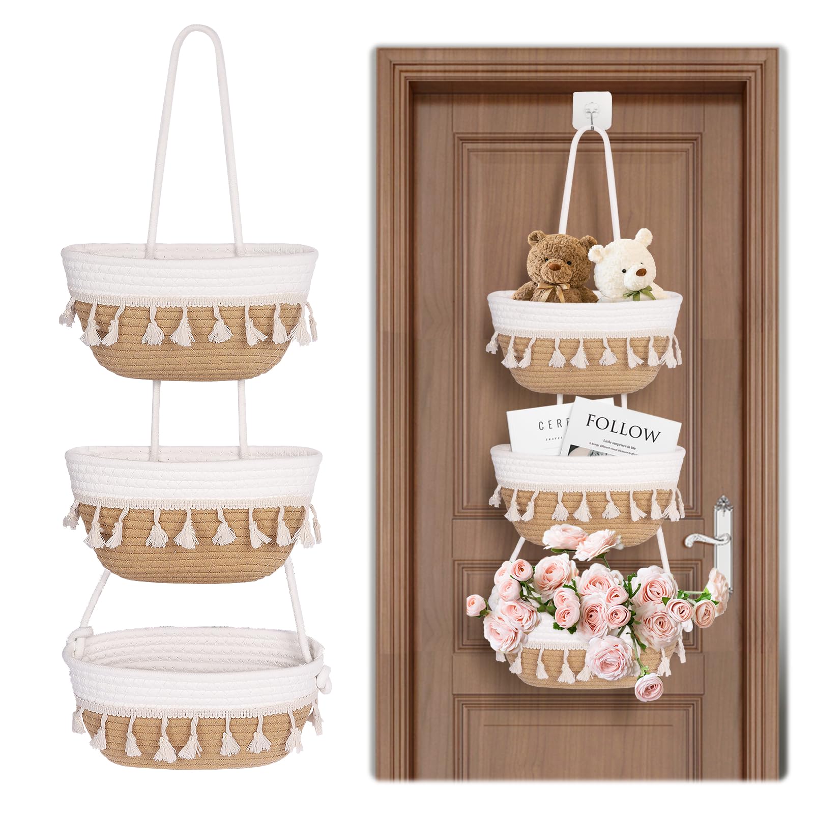 3 Tier Braided Storage Basket for Wall Mounting Living Room Bedroom Bathroom Storage Basket for Hanging Clothes Storage Basket for Indoor Plants Decorative Basket