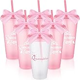 Jingmore 6 Pcs Quinceanera Party Favors for Guests 15th Quinceañera Squad Reusable Tumbler with Straw Lid Twist Bow 24 oz 15 Anos Decorations Spanish Gift 15 Birthday Party Thank You Gifts (Pink)
