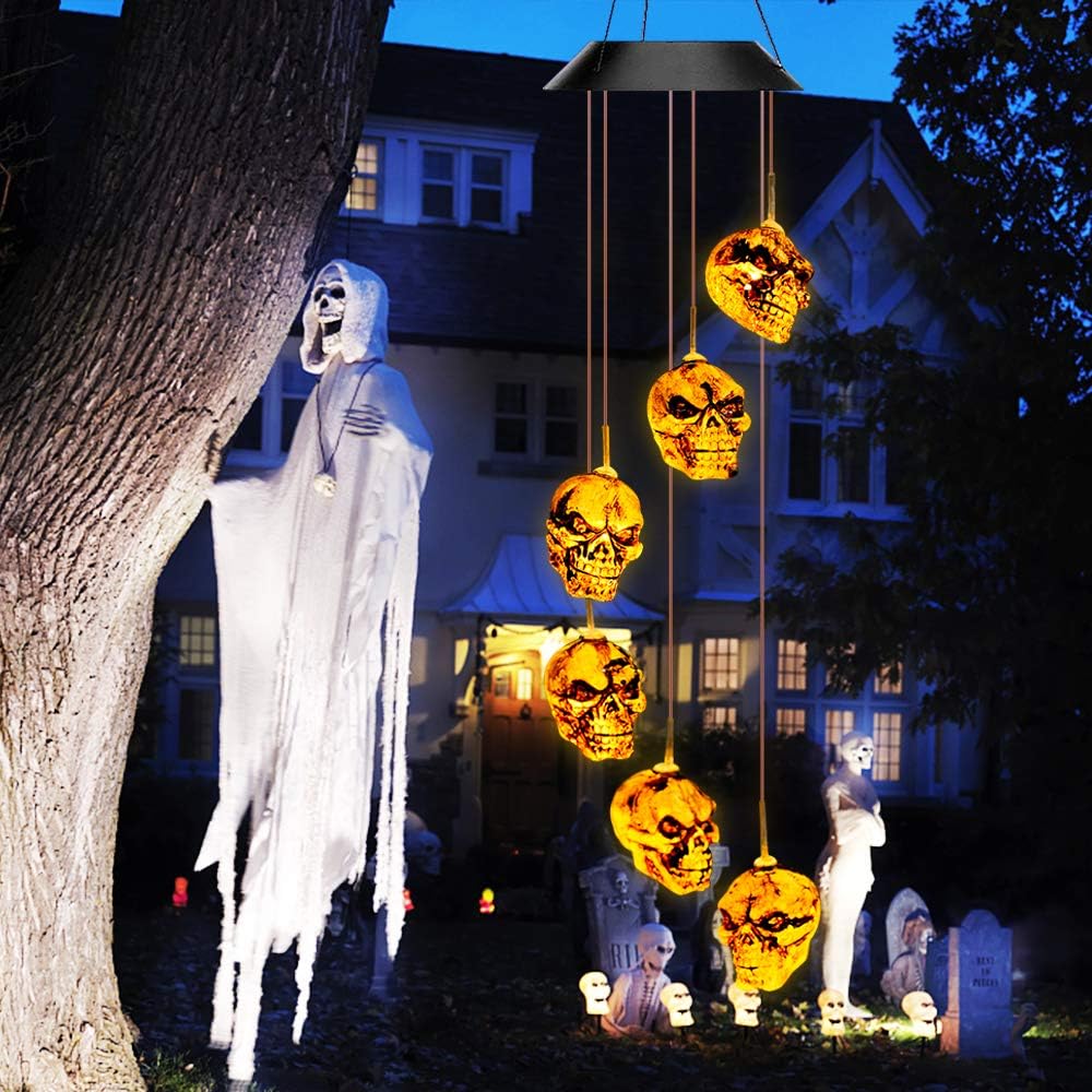 Halloween-Decorations-Outdoor-Lights, Solar Powered Skeleton Wind Chime Lights with 6 LED, Waterproof Solar Halloween Lights Decorations for Outdoor Halloween, Party, Christmas (Skeleton Decor ) : Garden & Outdoor