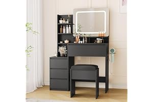 Garvee Makeup Vanity Desk with Lights and Mirror, Vanity Table with 3 Lighting Modes, Storage Drawer, Shelves, Power Outlet, 
