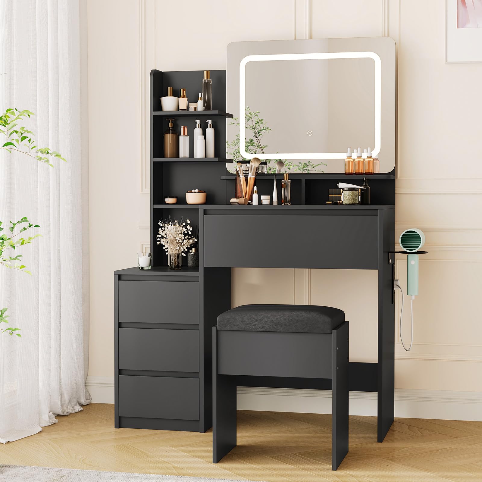 View 1 of GarveeHome Vanity Desk with Mirror and Lights, Makeup Vanity with Power Outlet, 3 Color Adjustable Light, Dressing Table with 4 Drawers, Storage Shelves & Stool for Bedroom, Black