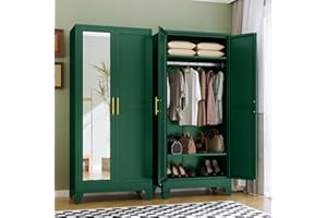 RISTERN RIETERN Metal Armoire Wardrobe Closet, 71" Tall Bedroom Closet with Mirror, Adjustable Shelves, and Hanging Rod, Steel Clothes Closets and Storage, for Bedroom Green