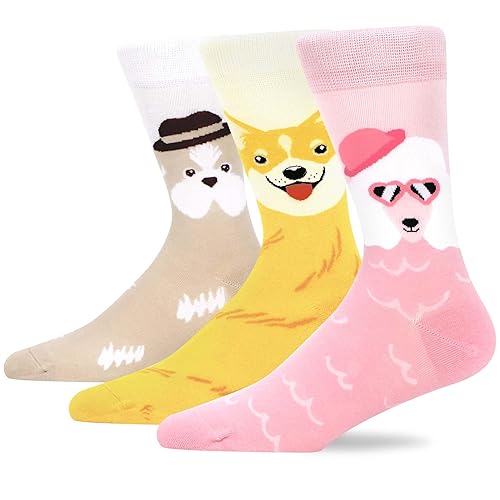 MAKABO Women's Bamboo Novelty Soft Breathable Casual Socks, 3 Pairs Multicolor Cute Dog Seamless Pattern Socks, 4-7