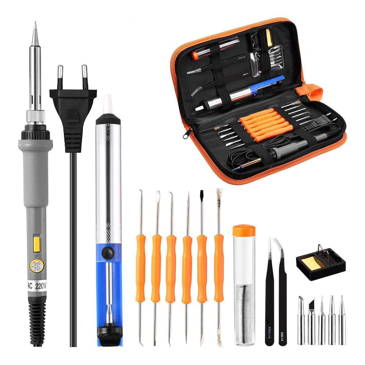 Powerextra 18PCS Fer à Souder Souder Kits Électrique 60W 220V Température Réglable Outil de Soudage 6pcs, Ventouse, Support de Fer à Souder, Fil de Soudure, Pincette Support et Boîte à Outils