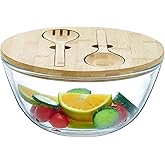 JOYMAY Glass Salad Bowl, 10.7inch Salad Bowl with Lid Thick Glass Mixing Bowls Serving Bowls, 4.7 Quart Large Salad Bowls with Bamboo Utensils, Trifle Bowl Fruit Bowl for Salad, Pasta, Microwave Safe