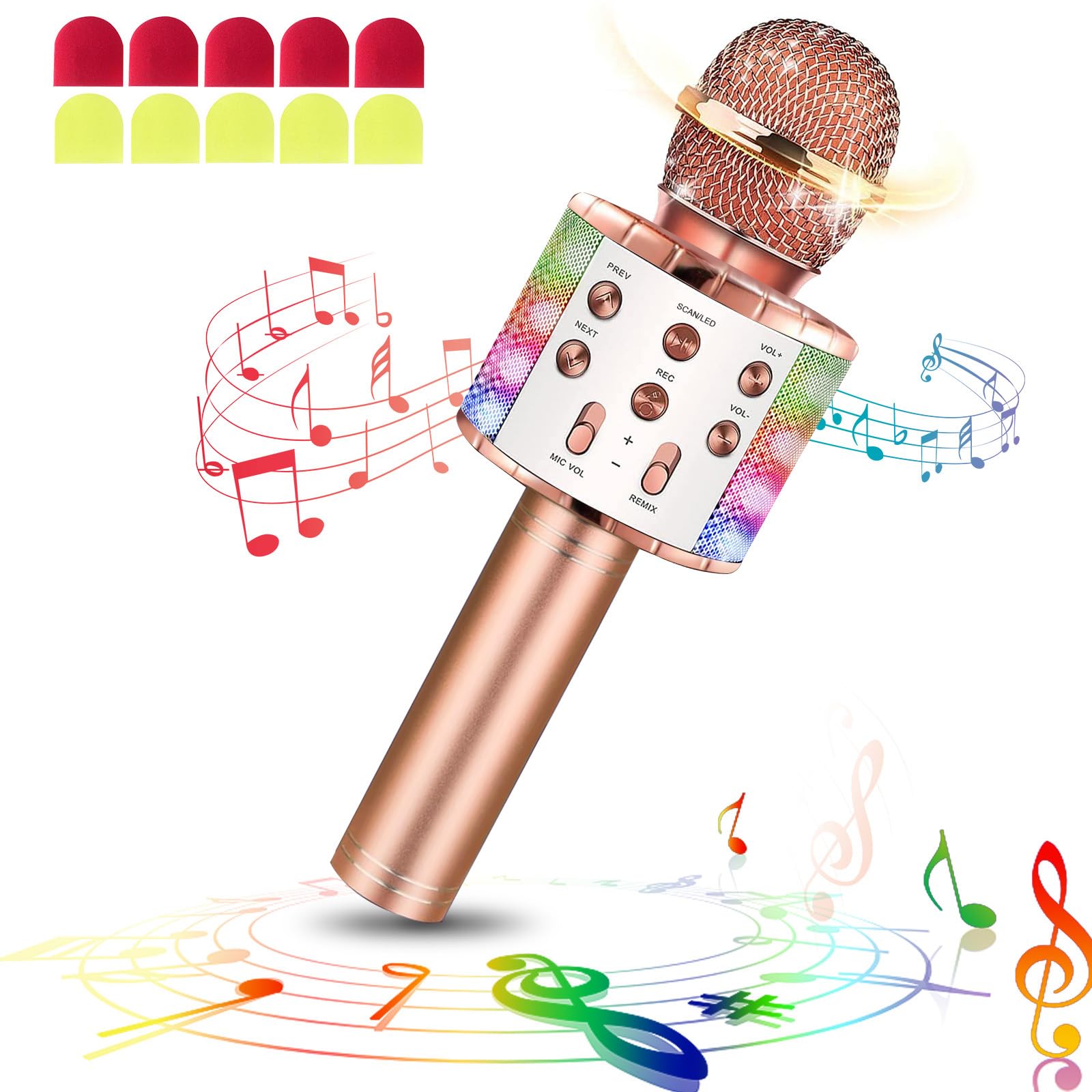 laqula Wireless Bluetooth Karaoke Microphone with Led Lights Portable Handheld Singing Karaoke Speaker Machine Toys for Kids Adults (Champagne, w/10 Disposable Microphone Covers)