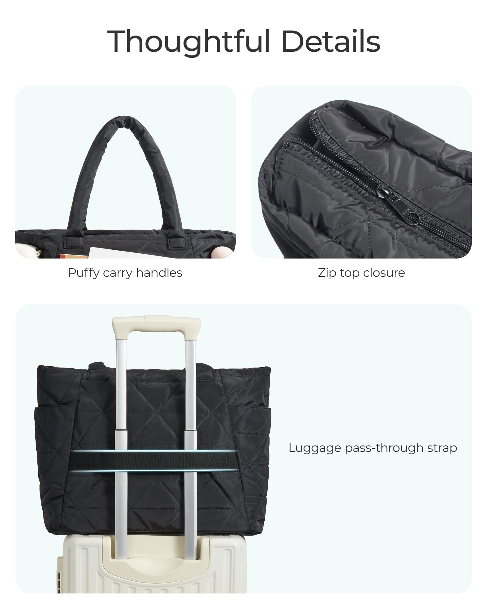 BAGSMART Tote Bag for Women, Puffy Tote Bag with Zipper, Large Quilted Shoulder Bag with Compartments for Travel, Work, Gym