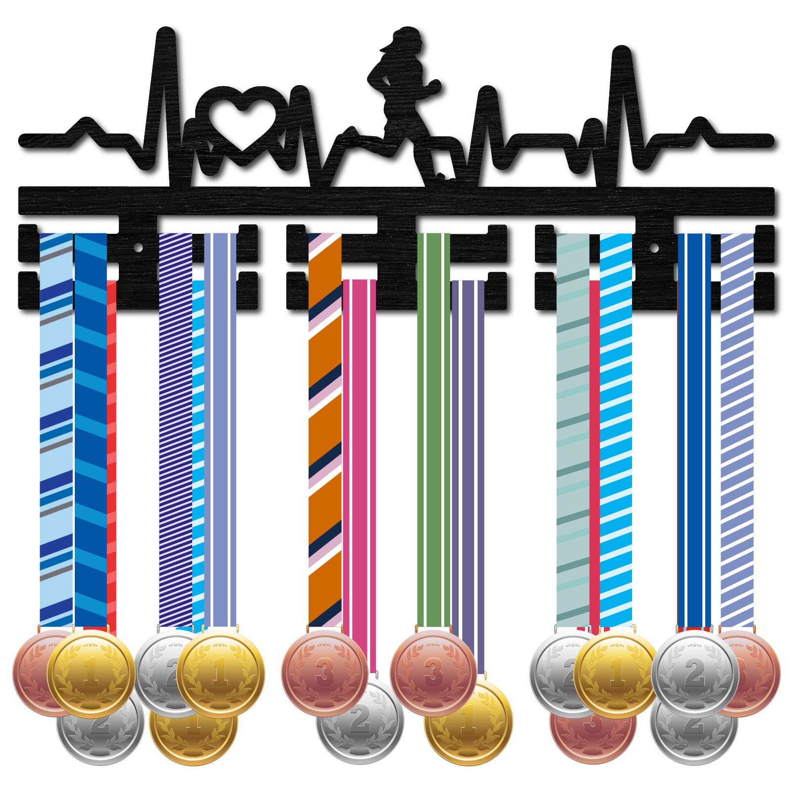 CREATCABIN Running Medal Holder Sports Medal Hanger Display Wall Rack Frame Black Hanging Awards Mount Decor Sports Ribbon Organizer for Run Runner Race Marathon Athlete Players 15.7x5.9Inch