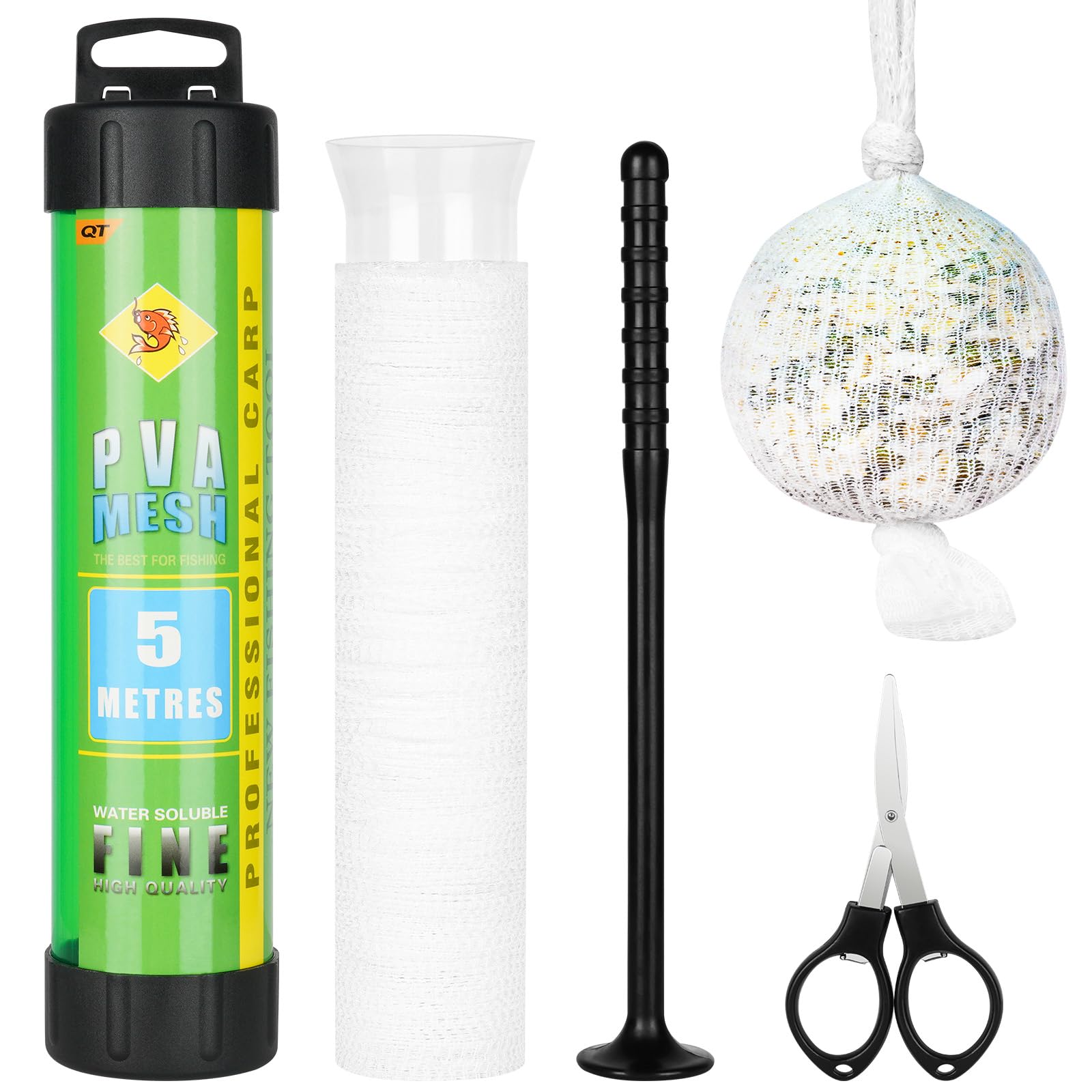OFFCUP Pva Mesh Kit with Scissors, 5M Pva Mesh Carp Fishing, Pva Mesh Bag Accessories with Funnel & Plunger System, Fast Melt Pva Mesh Bag Fishing Refill for Boilie, Bait, Feeding (37mm)