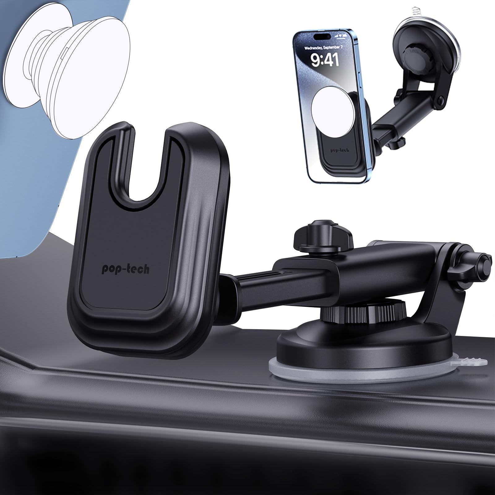 Photo 1 of pop-tech Socket Phone Dashboard Mount: Suction Cup Cell Phone Holder fits Dash Windshield Window - Black Universal Car Automobile Cradle for iPhone 16 Samsung Smartphone (Socket Grip Not Included)