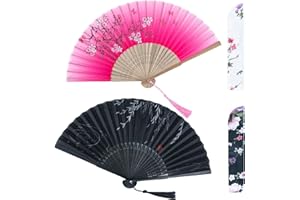 AWESEA 2 Pcs Hand Fans for Women Foldable, Paper Fans Handheld, Chinese Fan & Japanese Fan for Party, Bamboo Silk Folding Hand Fan for Wedding & Home Decoration