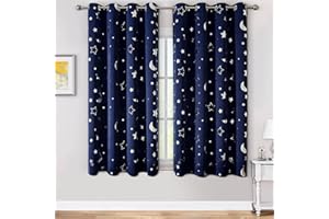 WUBODTI Navy Blue Star Curtains Blackout Kids Room Curtain 2 Panel Sets 63 Inch Length, Silver Star and Moon Patterned Short Curtains Grommets Thermal Insulated Space Drapes for Boys Bedroom
