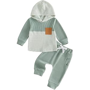 Polinkety Toddler Baby Boy Fall Outfit Set Contrast Color Stripe Long Sleeve Hoodie Hooded Jogger Pants Infant Waffle Clothes