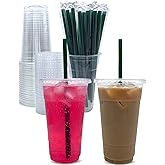 Aatriet [50 Sets] 24 oz Clear Plastic Cups with Lids and STRAWS, Disposable Party Cups for To Go Iced Coffee Cold Drinks, Smoothie, Juice, Parfait, Frappuccino, Milkshake. No Leaking Fruit Cup