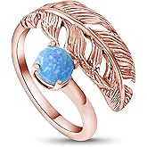 Adjustable Feather Ring For Women with Blue Opal Gemstone in 14K Rose Gold Plated on 925 Sterling Silver - Open Ended Spiral Ring; Dainty Feather Sizable Ring Jewelry, Handmade Jewelry For Women