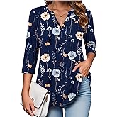 Zeagoo Womens 3/4 Length Sleeve Tops V Neck Tunic Casual Dressy Blouse Floral Printed Shirts