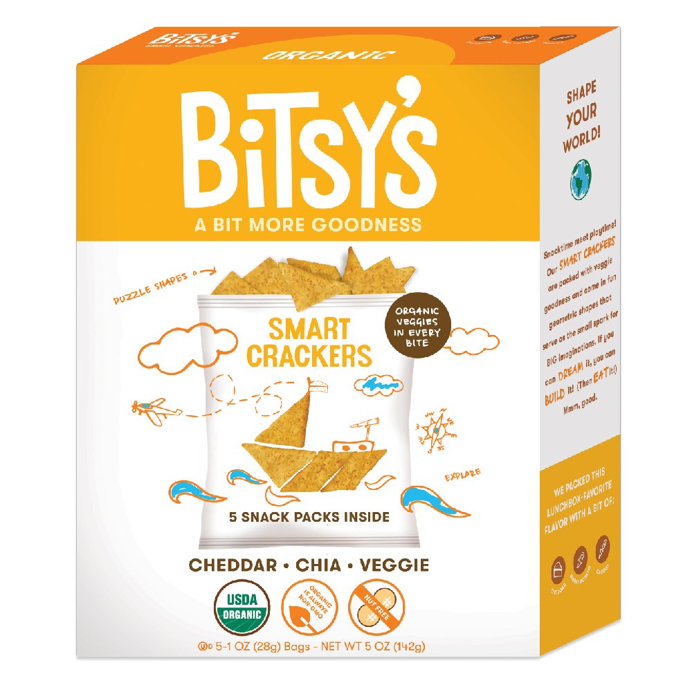 Bitsy's Organic Smart Crackers Snackpacks, Cheddar Chia Veggie [Healthy Organic Nut-Free Snacks with Fruits and Vegetables for Kids]
