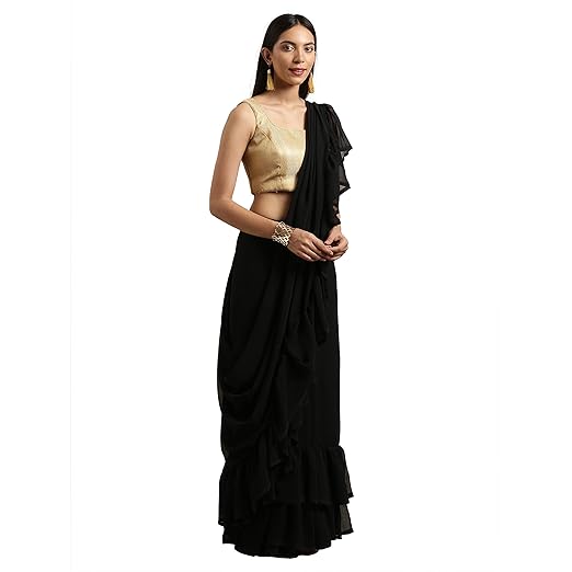 Womanista georgette with blouse piece Saree (WM9664_ Black_ Onesize)