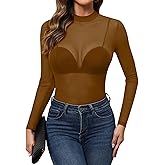 GAMISS Mesh Top for Women Long Sleeve Mock Neck Mesh Shirt Sheer Top Solid Floral Tee Shirts S-XXL