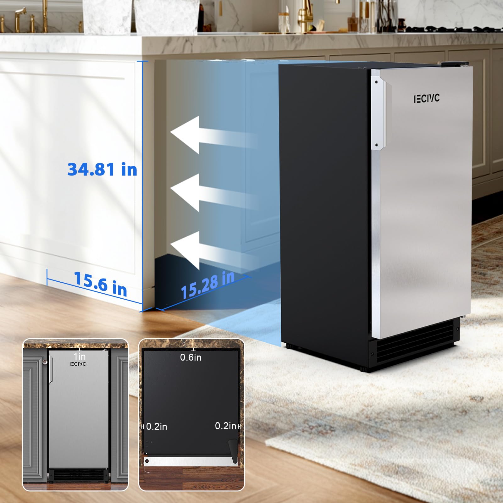 IECIVC Under Counter Crescent Ice Maker Machine, 15'' W Drainless Built-in Ice Maker, 25 LBS/Day with 22 LBS Storage Bin, Perfect for Commercial Home Bar, No Drain