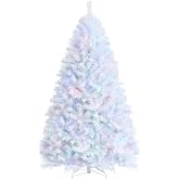 Happygrill 7FT White Christmas Tree Realistic Lush Xmas Tree with 1156 PVC &amp; PET Branch Tips Hinged Structure &amp; Metal Base Artificial Iridescent Pine Tree for Festival Home Mall