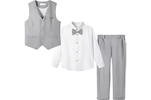 LOLANTA Boys Linen Suit Dress Clothes 4 Piece Kids Graduation Wedding Outfit, Shirt, Vest and Pants Set, Bow Tie