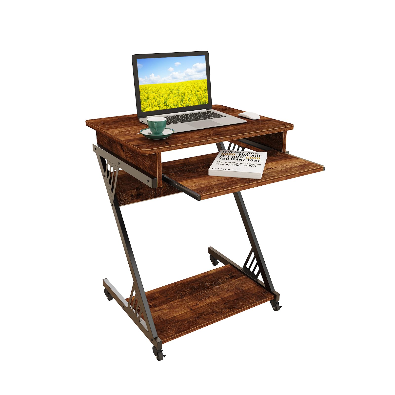 Photo 1 of ALISENED Computer Desk for Small Spaces,23.6" Z-Shaped Compact Study Table with Smooth Keyboard Tray,with Wheels and Bottom Shelves for Home Office?Computer Cart Mobile Laptop Cart